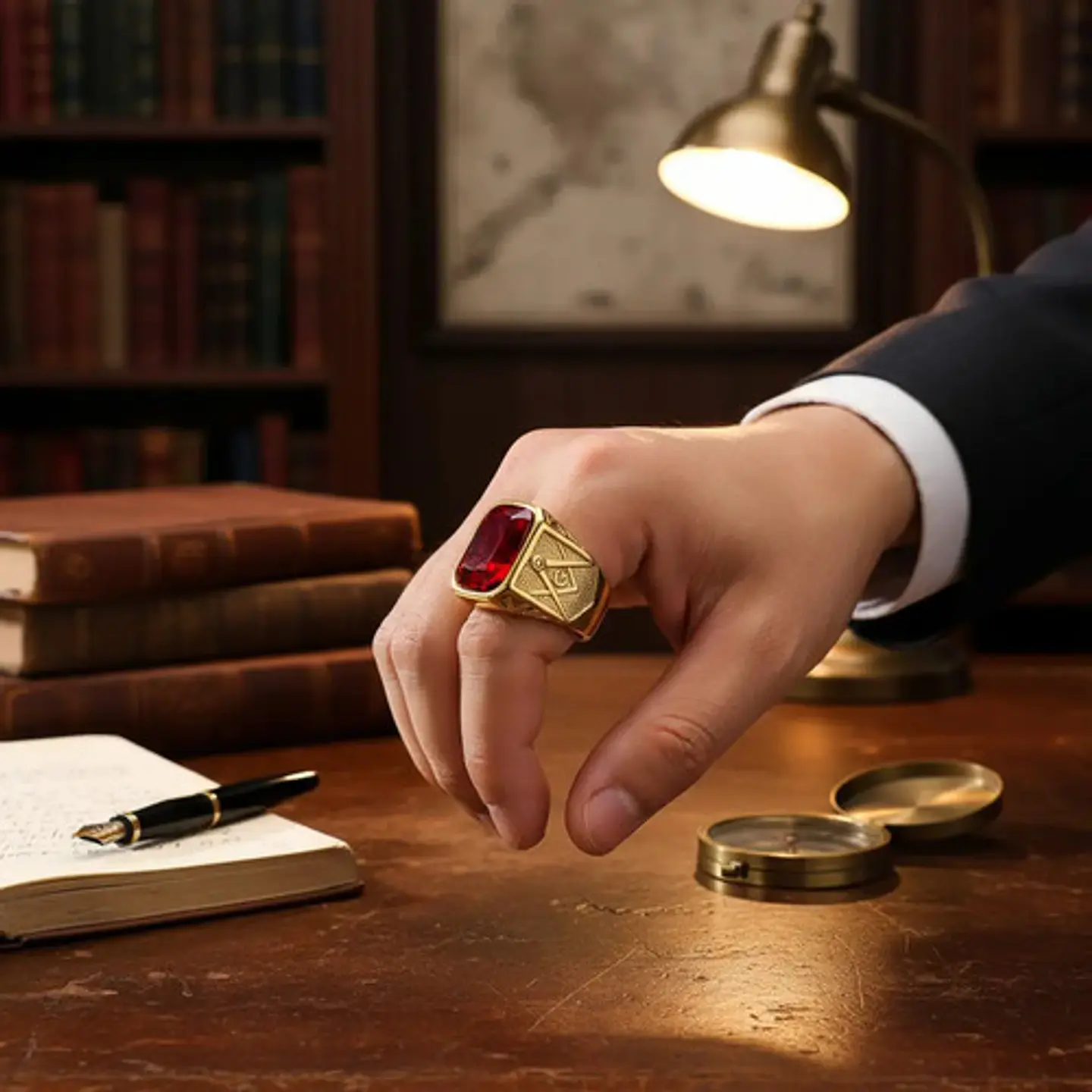Anillo Para Hombre Masón Logia Con Piedra Cz Acero Color Oro 4