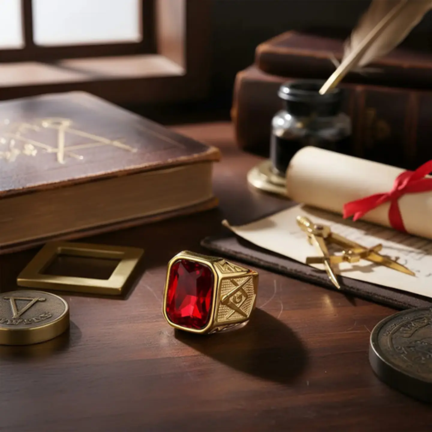 Anillo Para Hombre Masón Logia Con Piedra Cz Acero Color Oro 7