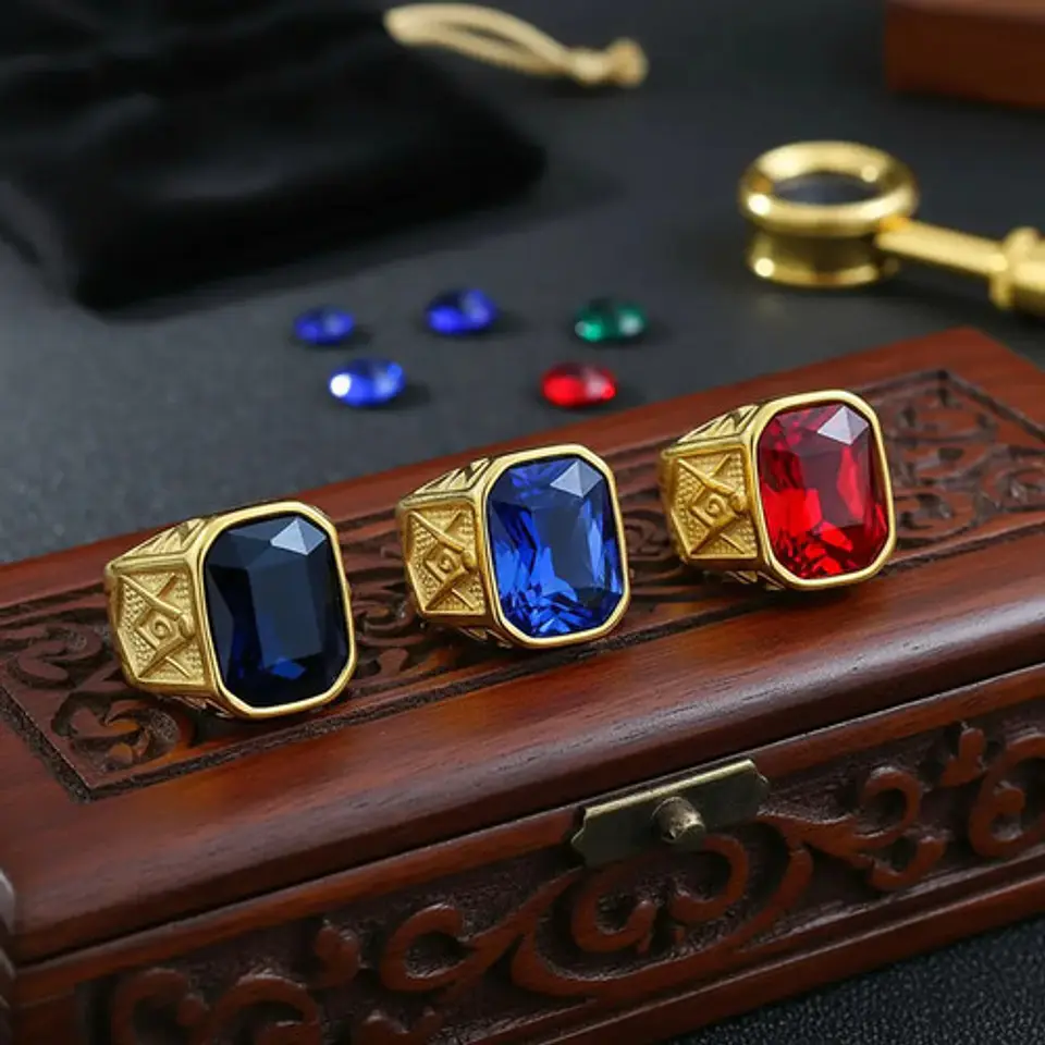 Anillo Para Hombre Masón Logia Con Piedra Cz Acero Color Oro 10