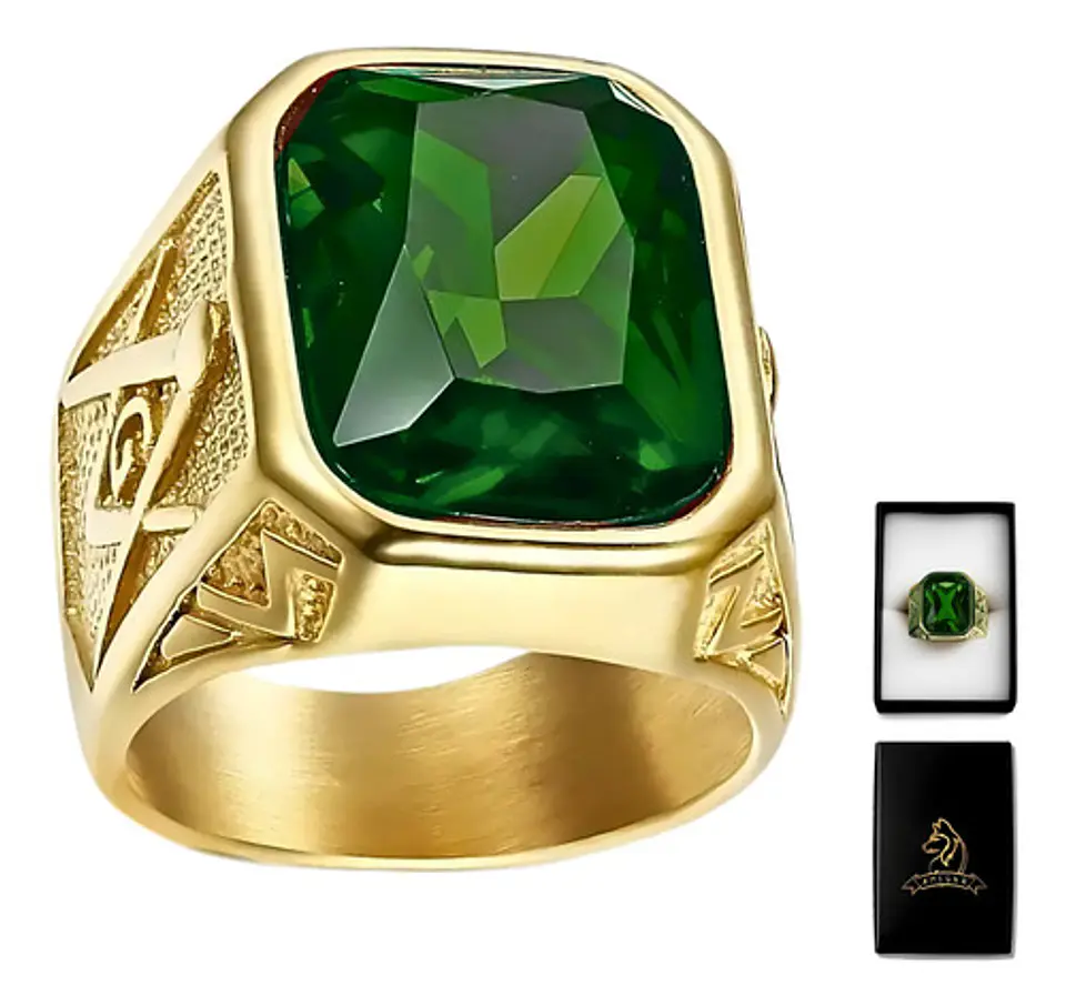 Anillo Para Hombre Masón Logia Con Piedra Cz Acero Color Oro 11