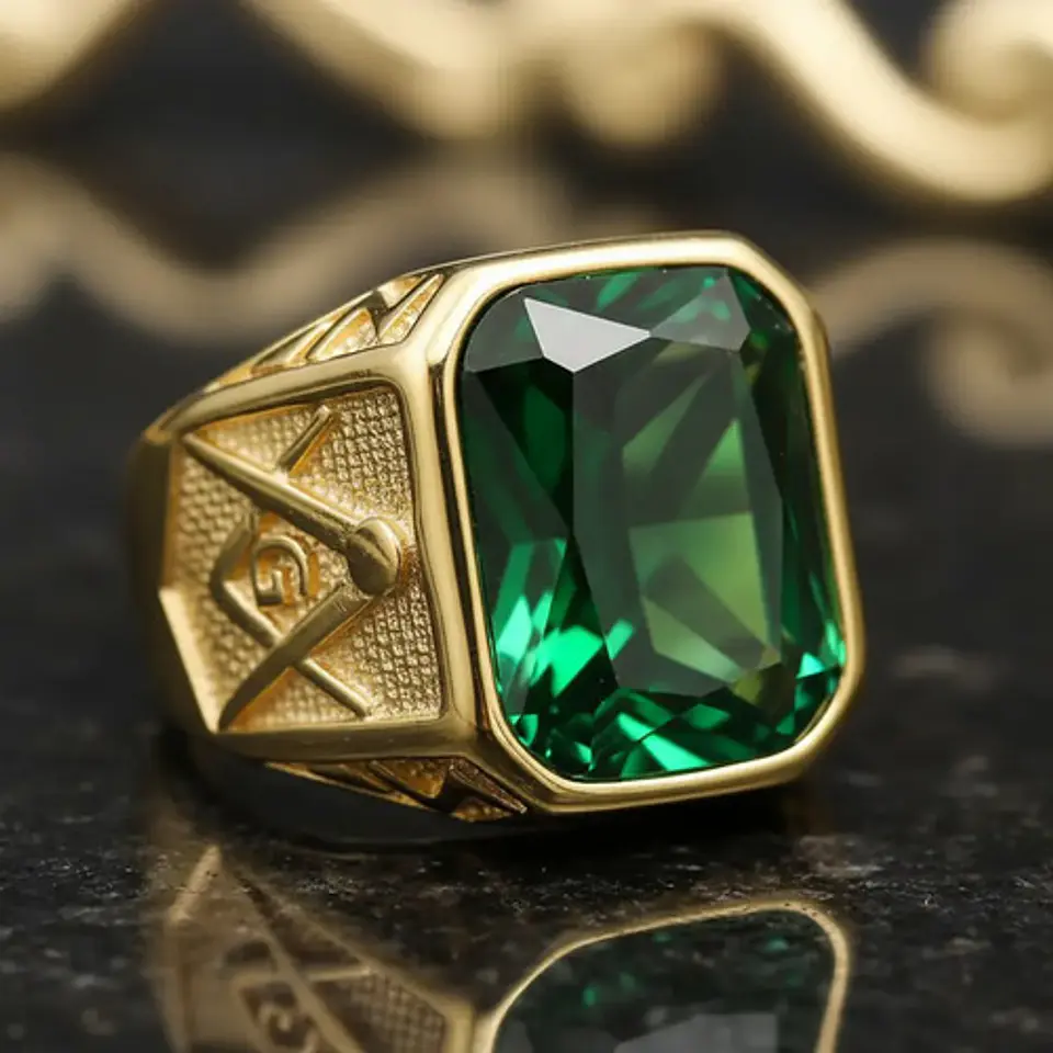 Anillo Para Hombre Masón Logia Con Piedra Cz Acero Color Oro 16