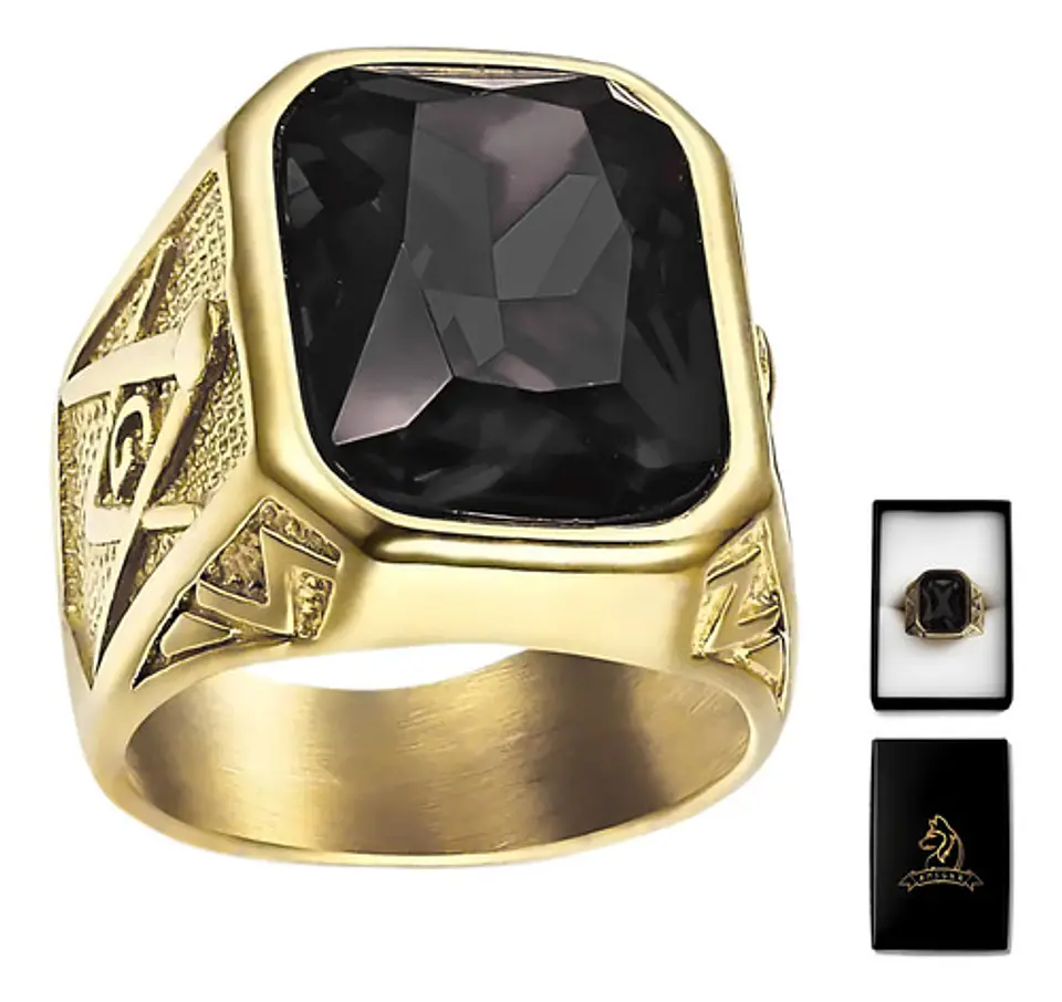 Anillo Para Hombre Masón Logia Con Piedra Cz Acero Color Oro 20