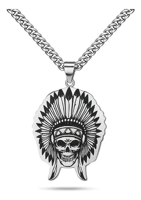 Collar Para Hombre Dije Cacique Calavera Acero Color Plata