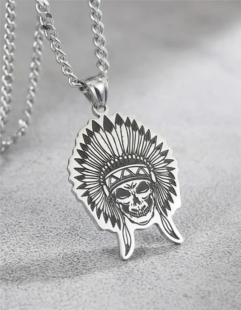 Collar Para Hombre Dije Cacique Calavera Acero Color Plata