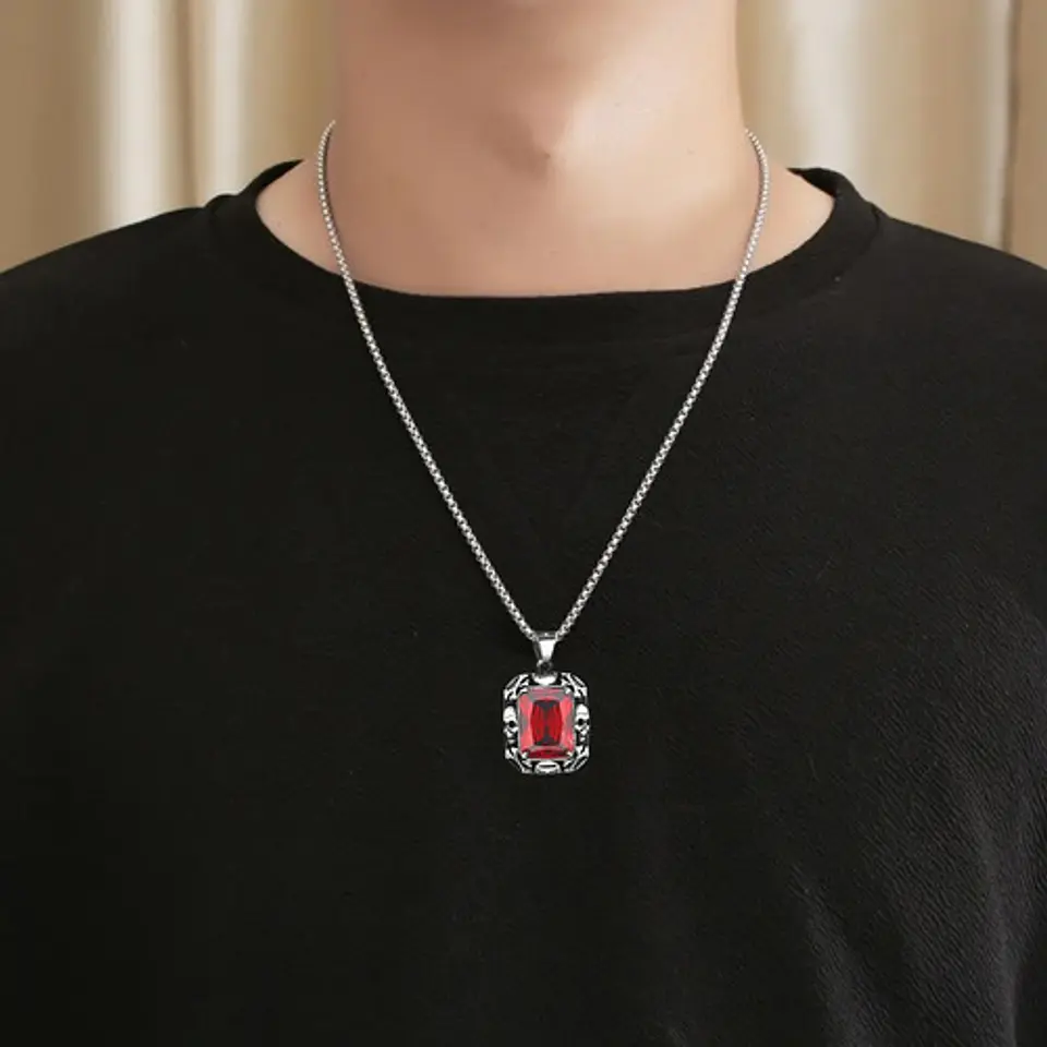 Collar Cráneos Piedra Color Plata Acero Inoxidable Hombre 2