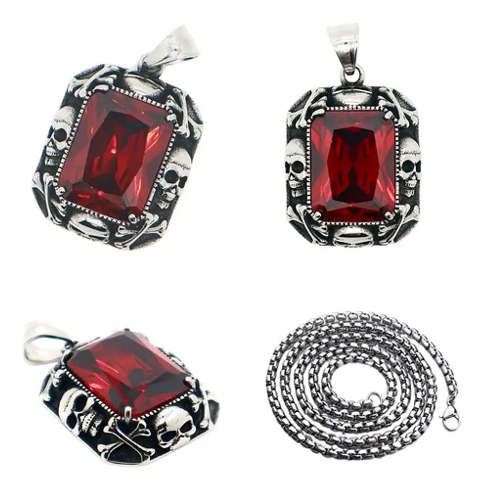 Collar Cráneos Piedra Color Plata Acero Inoxidable Hombre 4