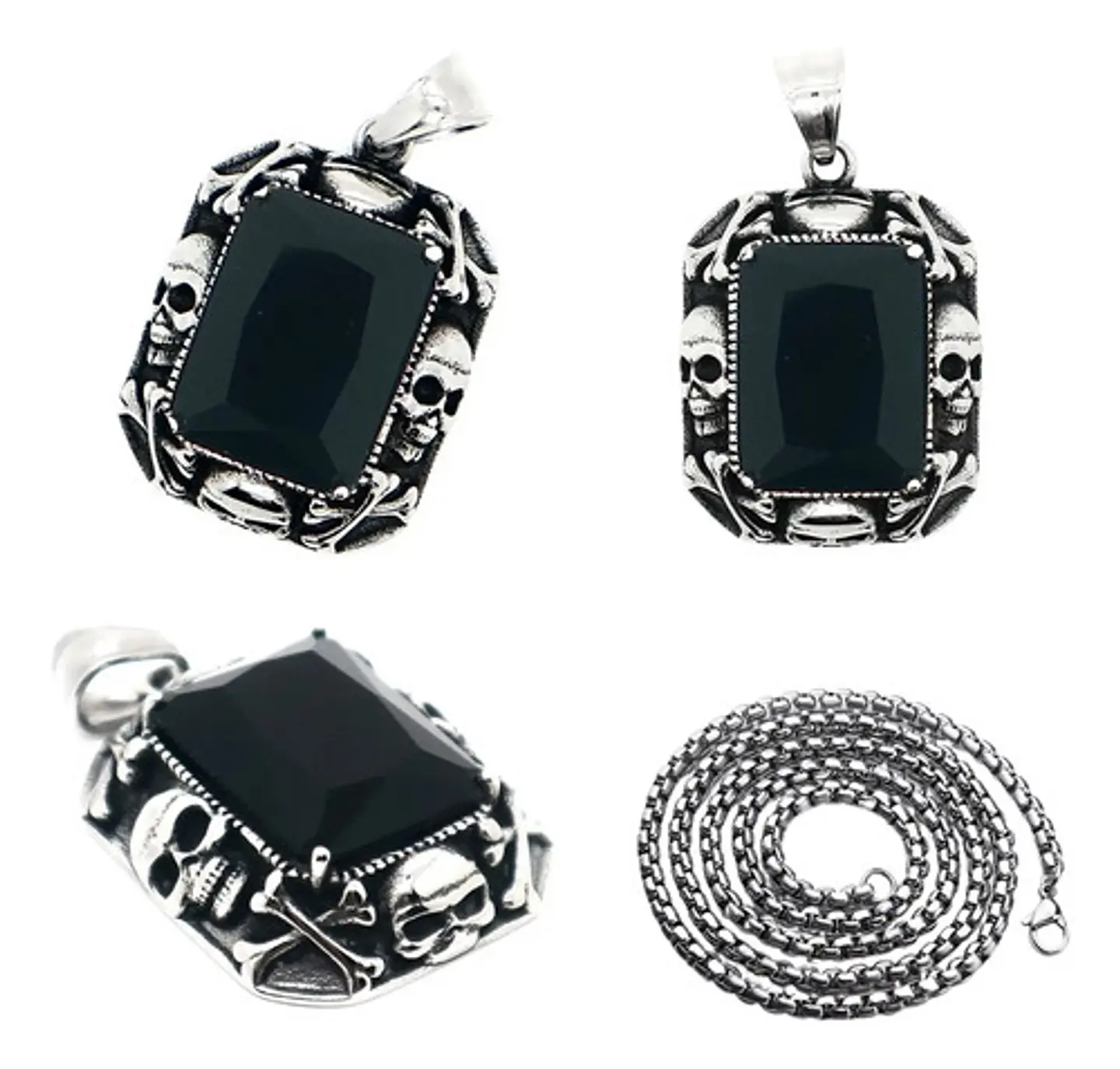 Collar Cráneos Piedra Color Plata Acero Inoxidable Hombre 7