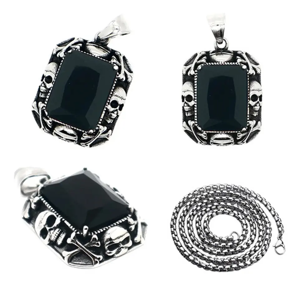 Collar Cráneos Piedra Color Plata Acero Inoxidable Hombre 7
