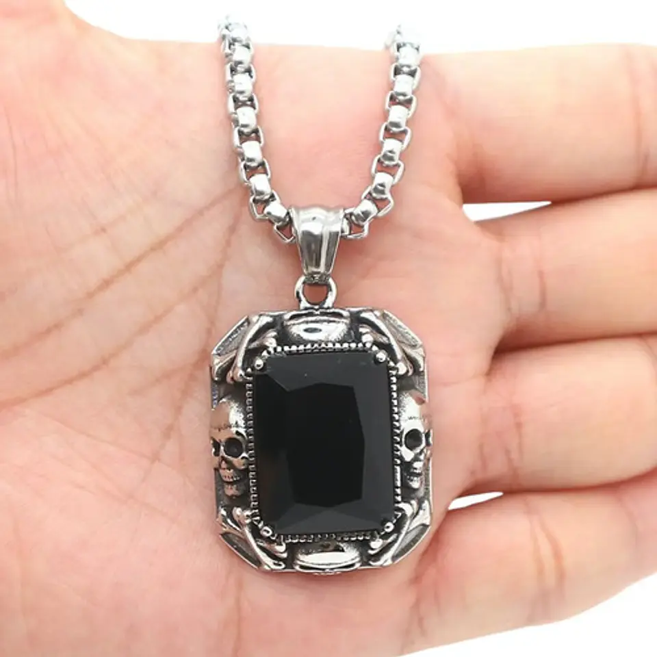 Collar Cráneos Piedra Color Plata Acero Inoxidable Hombre 8