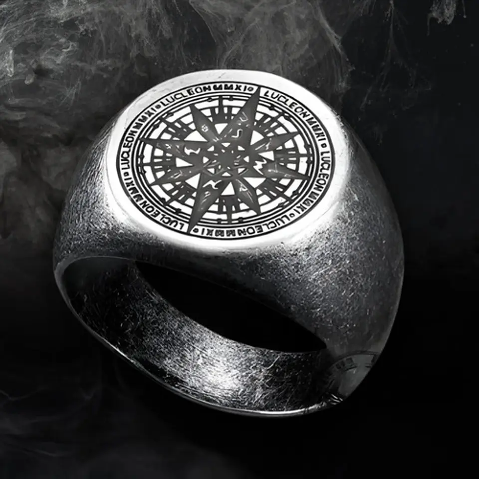 Anillo Color Plata Totem Brujula Acero Inoxidable Hombre 2