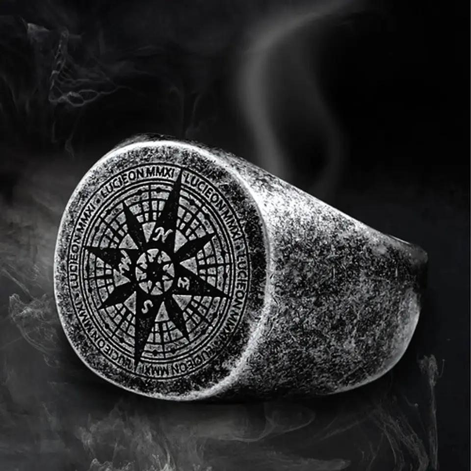 Anillo Color Plata Totem Brujula Acero Inoxidable Hombre 4