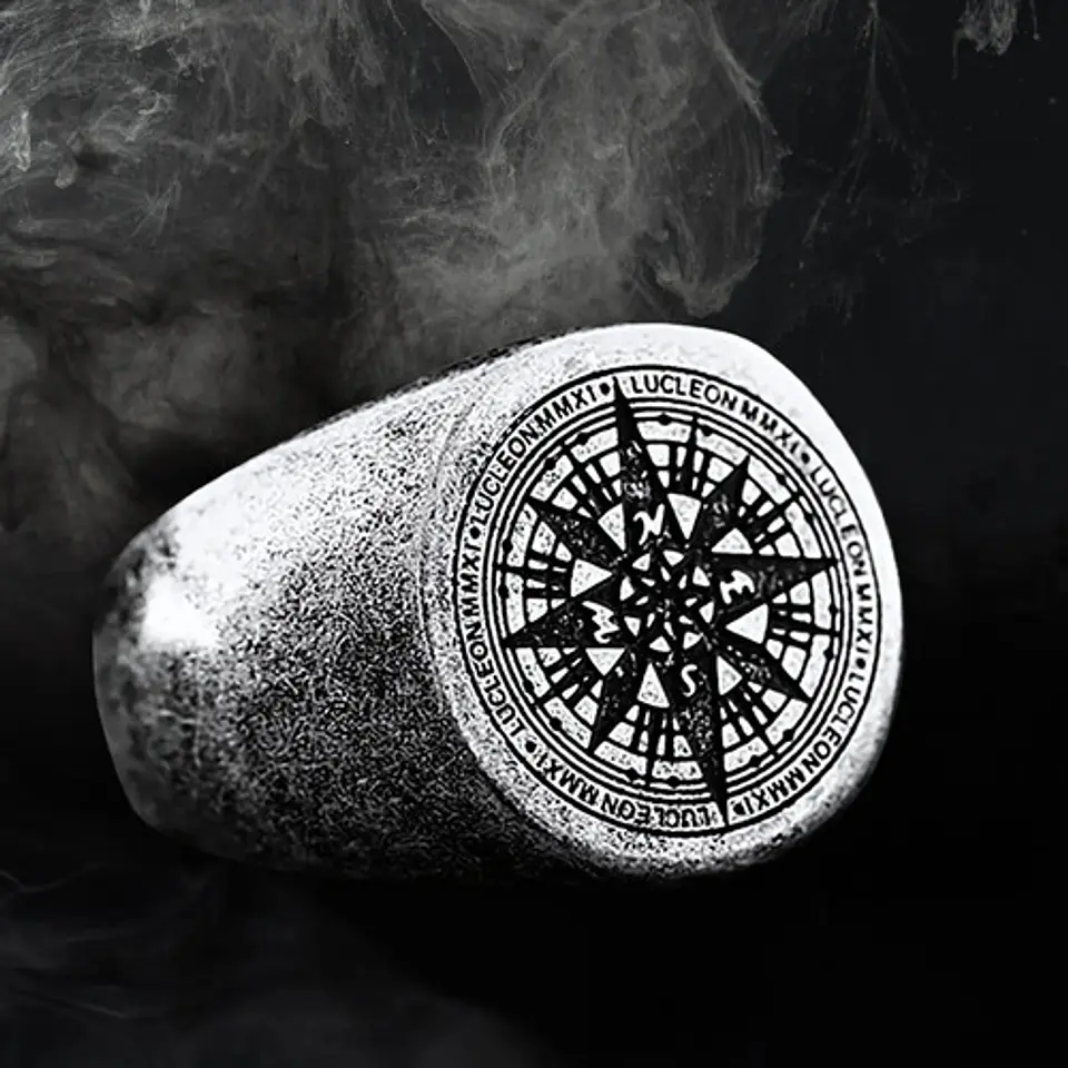 Anillo Color Plata Totem Brujula Acero Inoxidable Hombre 5