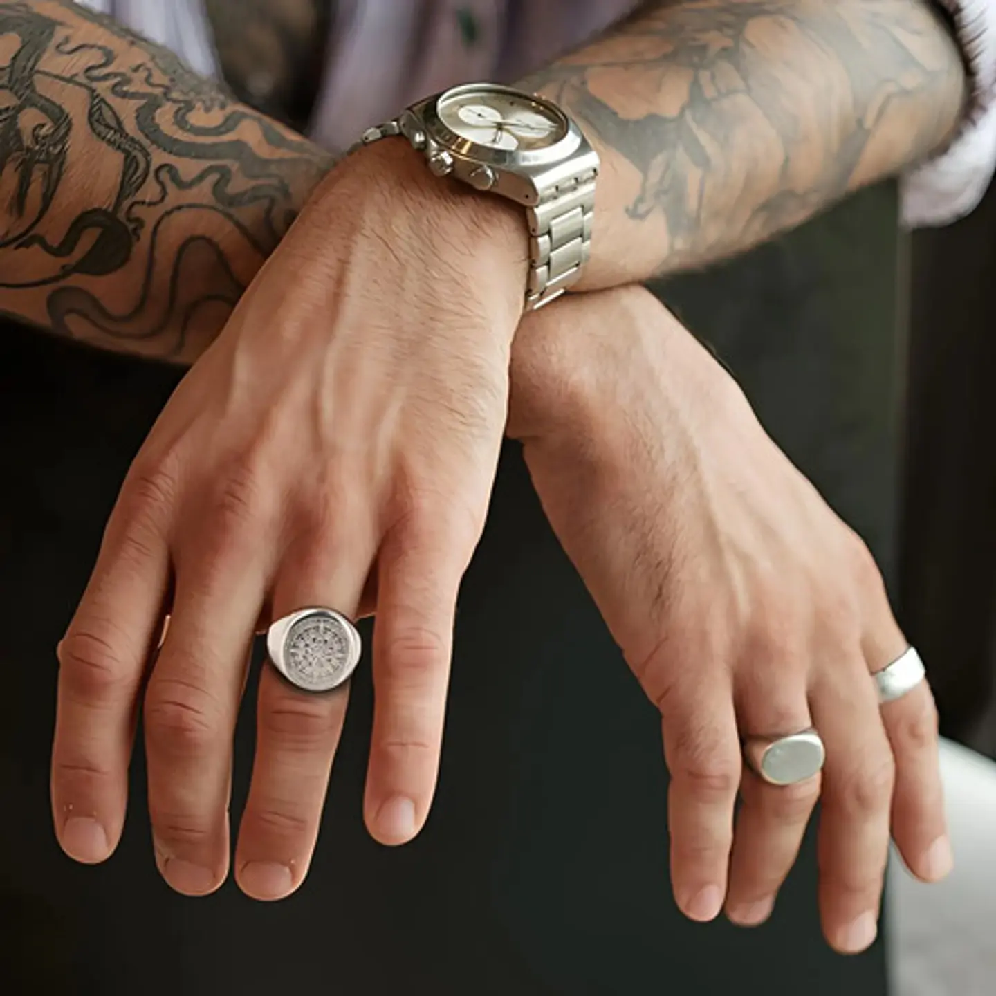 Anillo Color Plata Totem Brujula Acero Inoxidable Hombre 15
