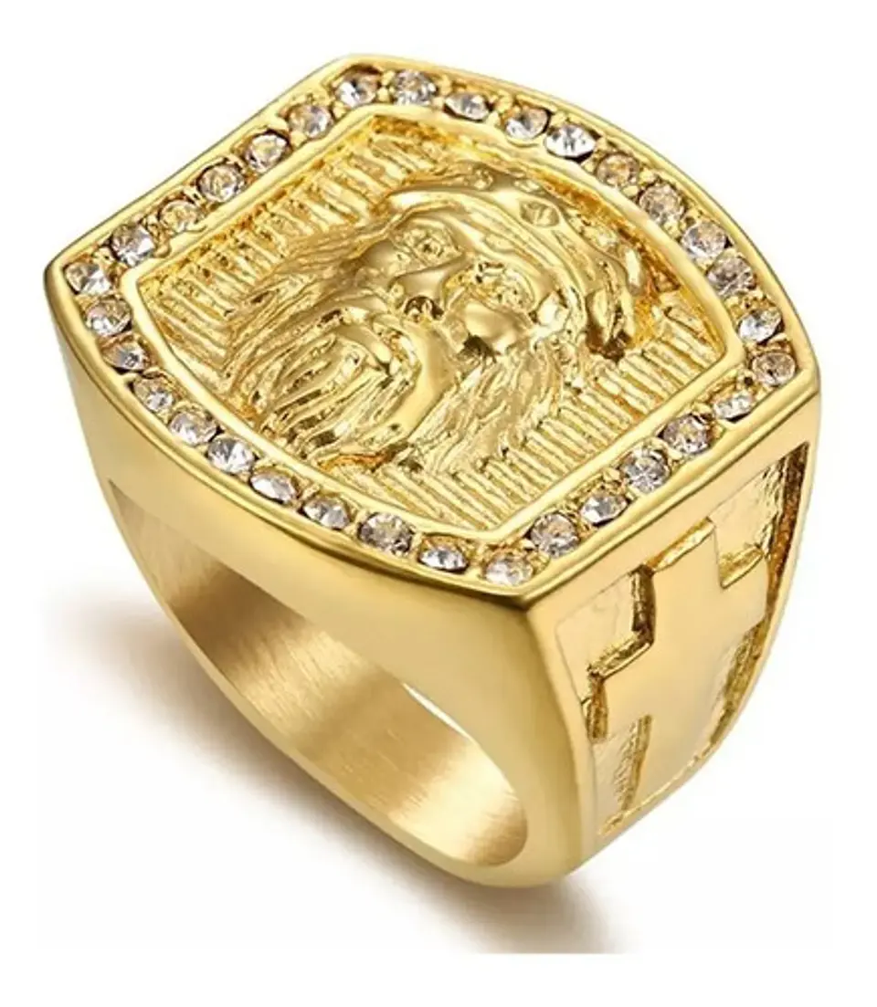 Anillo Color Oro Acero Inoxidable Jesucristo Piedras Hombre 1