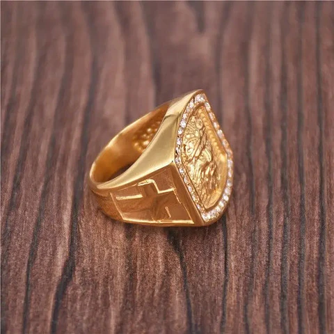 Anillo Color Oro Acero Inoxidable Jesucristo Piedras Hombre