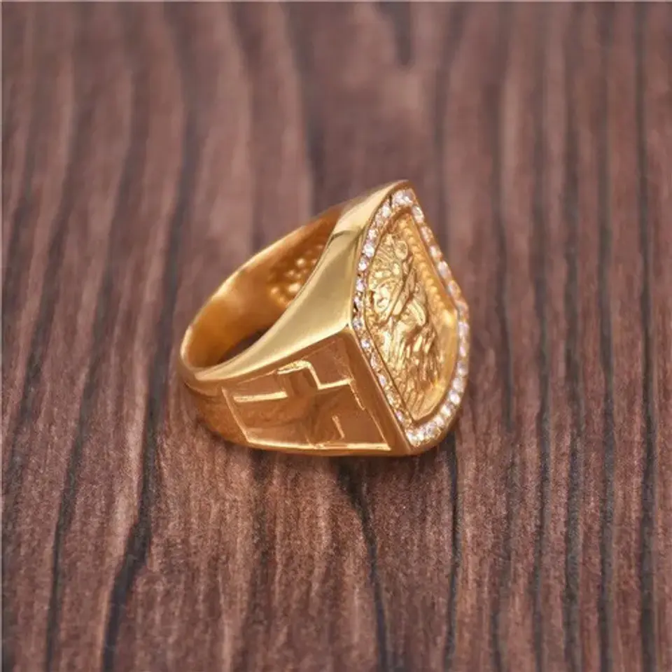 Anillo Color Oro Acero Inoxidable Jesucristo Piedras Hombre 2