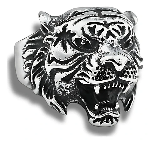 Anillo Color Plata Cabeza Tigre Acero Inoxidable Para Hombre