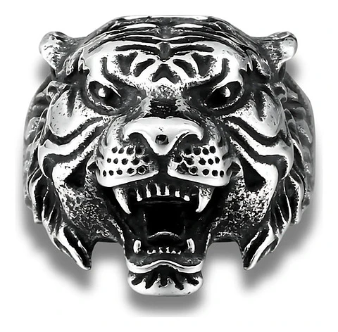 Anillo Color Plata Cabeza Tigre Acero Inoxidable Para Hombre
