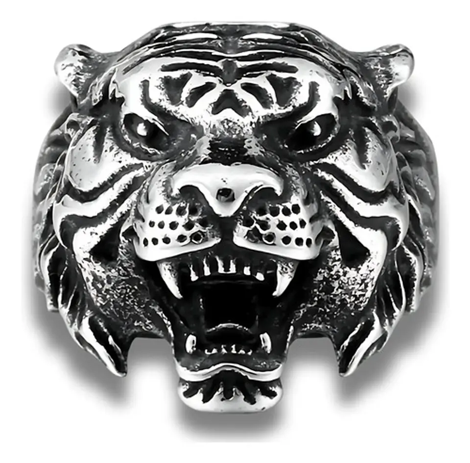 Anillo Color Plata Cabeza Tigre Acero Inoxidable Para Hombre 2