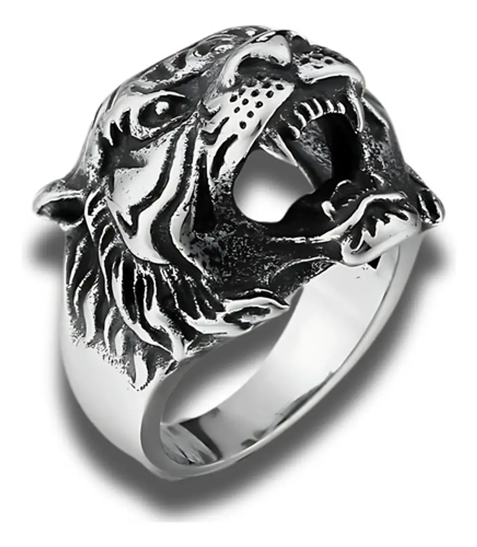 Anillo Color Plata Cabeza Tigre Acero Inoxidable Para Hombre 3