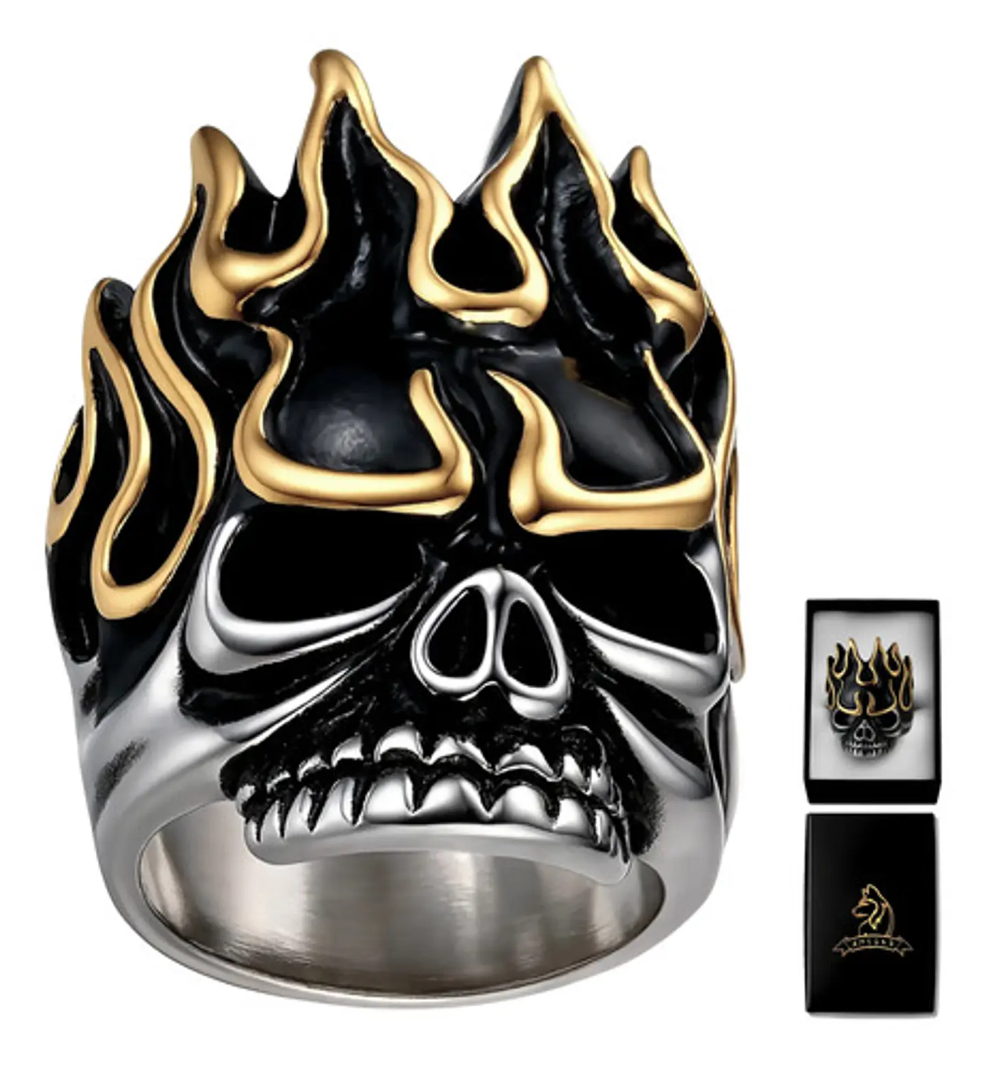 Anillo Para Hombre Forma Cráneo Llamas De Acero Color Plata 1