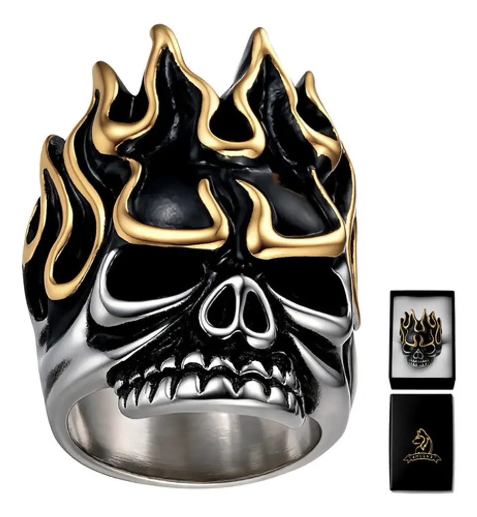 Anillo Para Hombre Forma Cráneo Llamas De Acero Color Plata 1