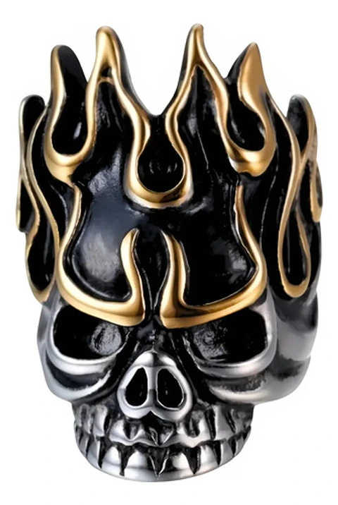 Anillo Para Hombre Forma Cráneo Llamas De Acero Color Plata