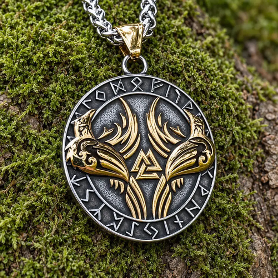 Collar Vikingo En Acero Para Hombre Dije Raven Valknut Odin 8