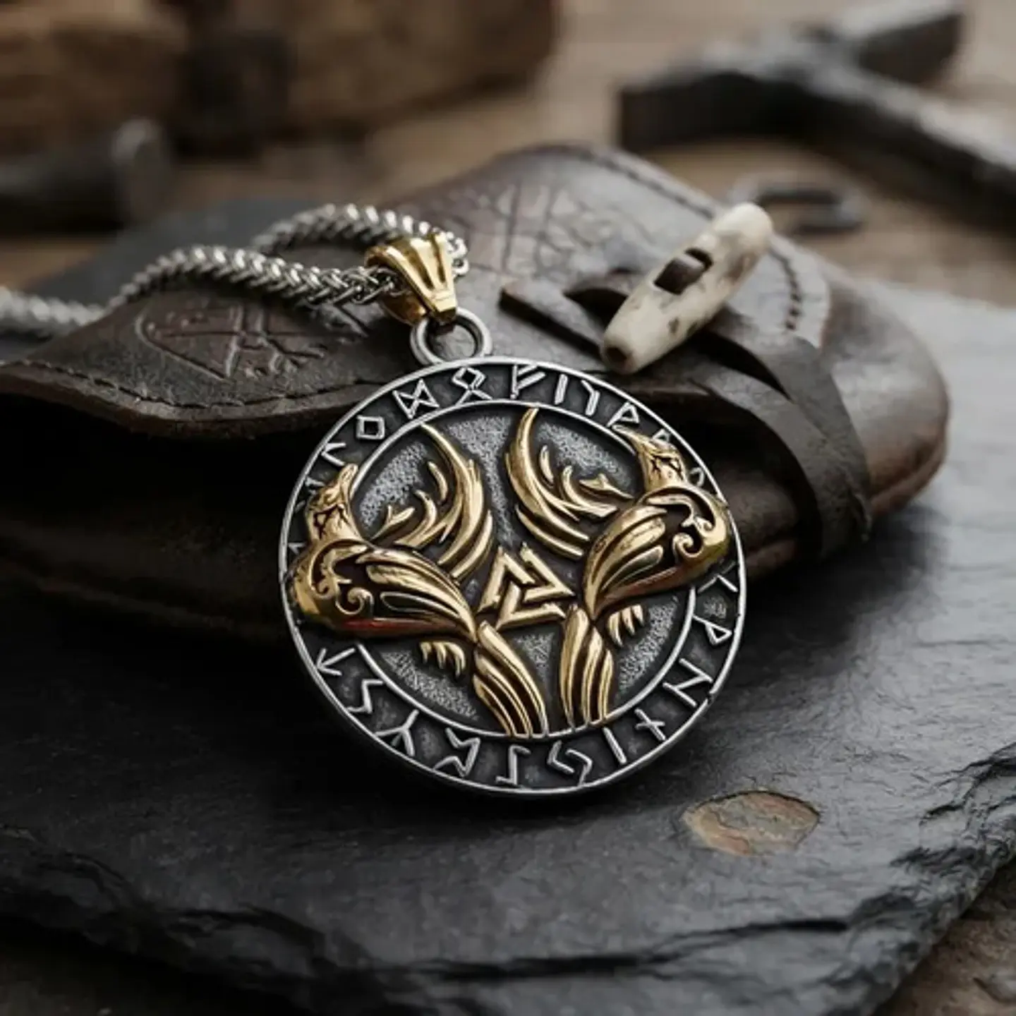 Collar Vikingo En Acero Para Hombre Dije Raven Valknut Odin 10