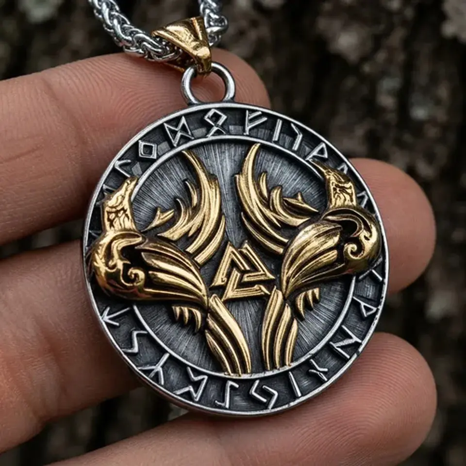 Collar Vikingo En Acero Para Hombre Dije Raven Valknut Odin 11