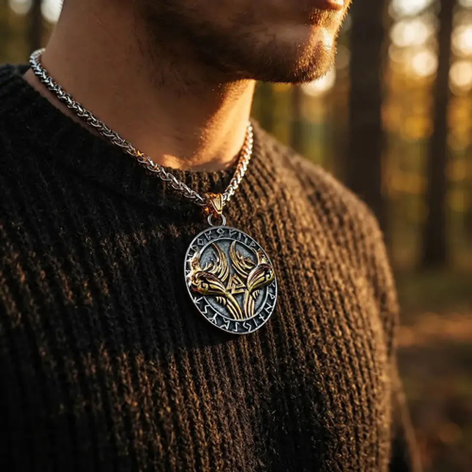 Collar Vikingo En Acero Para Hombre Dije Raven Valknut Odin 12