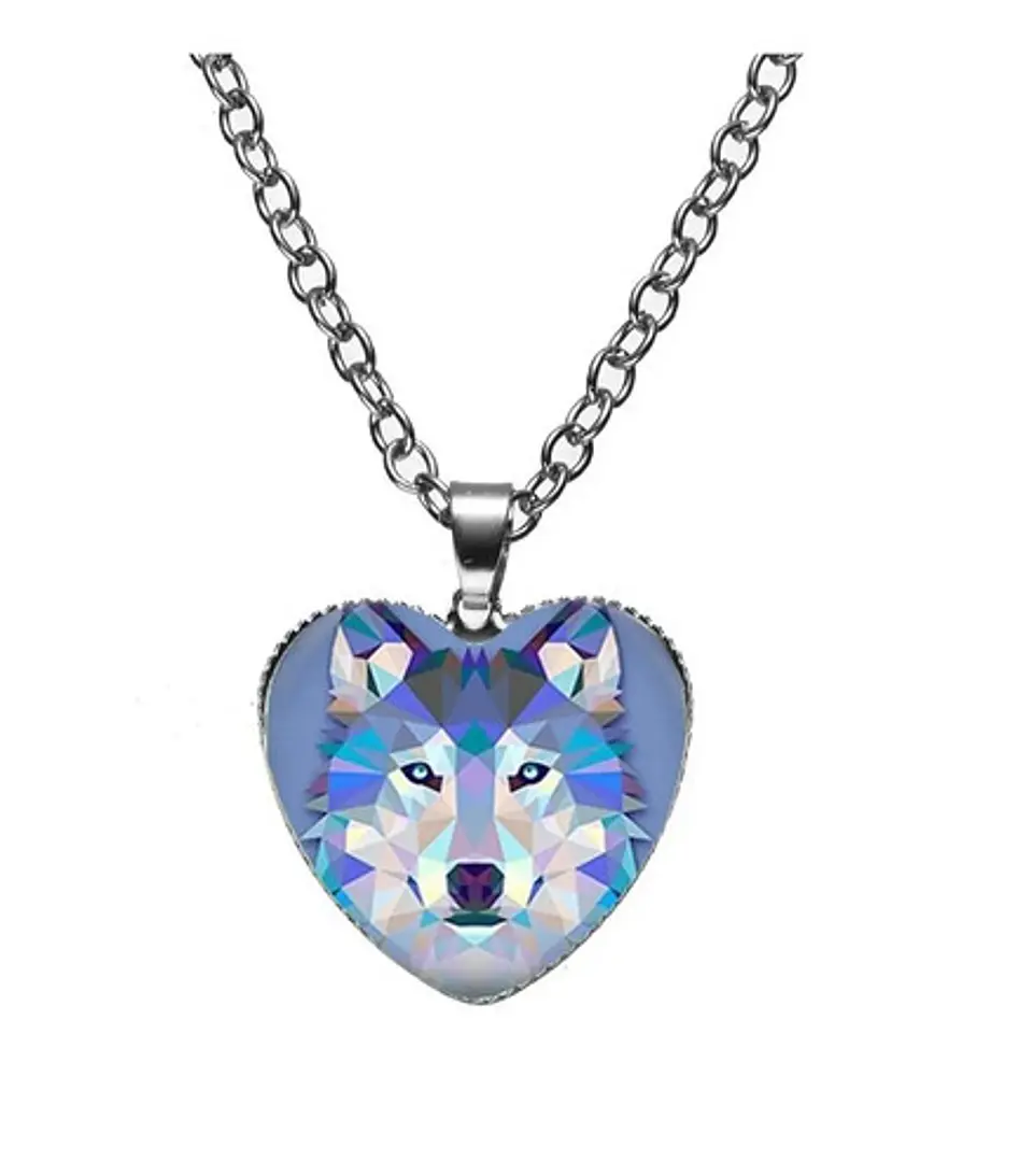 Collar Dije Cristal Corazón Galaxia Lobo Color Plata Mujer 1