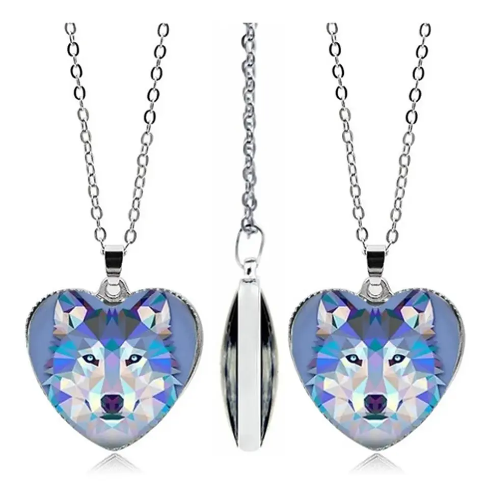 Collar Dije Cristal Corazón Galaxia Lobo Color Plata Mujer 4