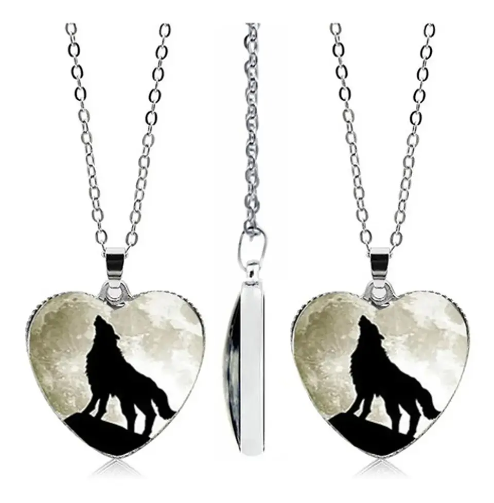 Collar Dije Cristal Corazón Galaxia Lobo Color Plata Mujer 9