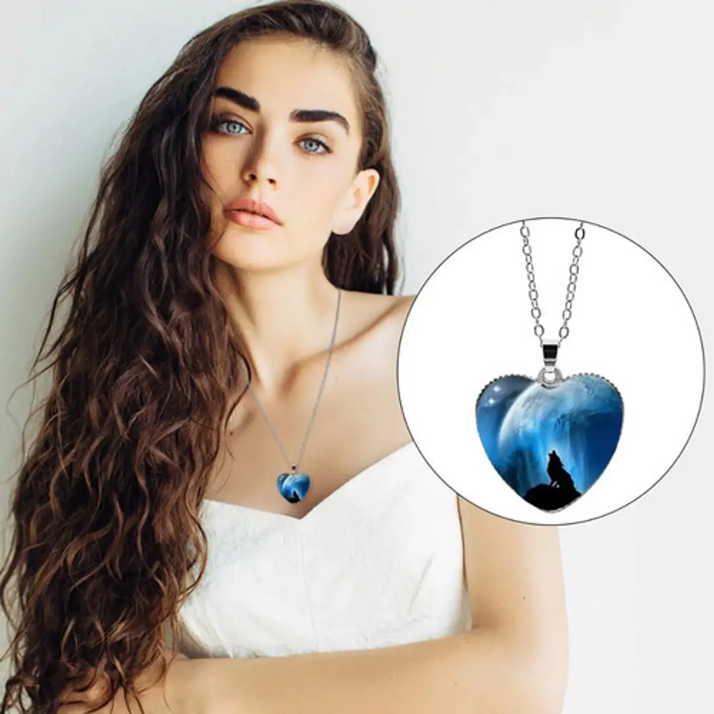 Collar Dije Cristal Corazón Galaxia Lobo Color Plata Mujer 12