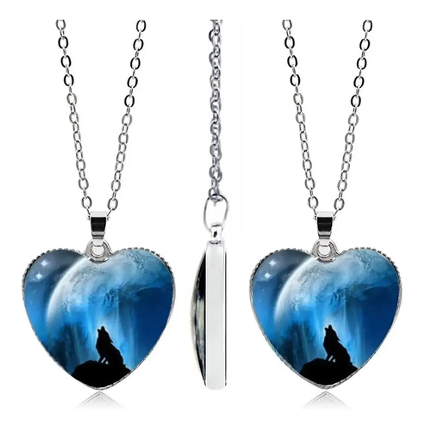 Collar Dije Cristal Corazón Galaxia Lobo Color Plata Mujer 14