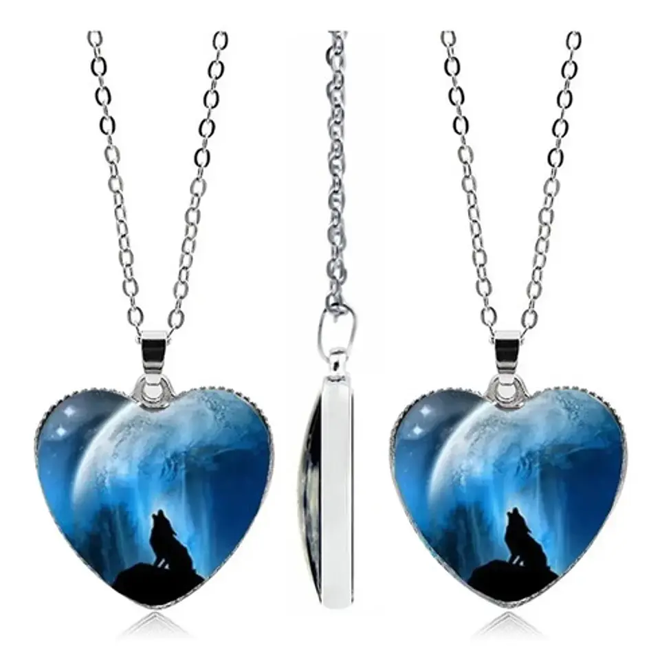 Collar Dije Cristal Corazón Galaxia Lobo Color Plata Mujer 14