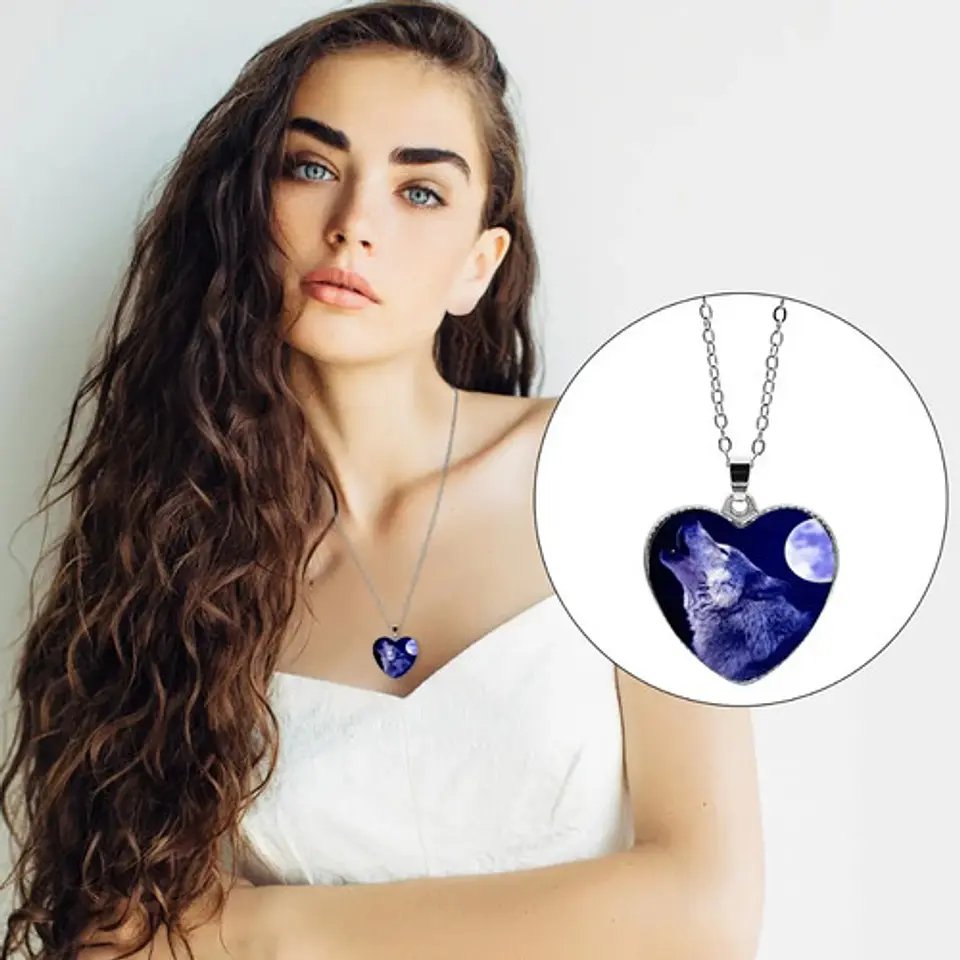 Collar Dije Cristal Corazón Galaxia Lobo Color Plata Mujer 17