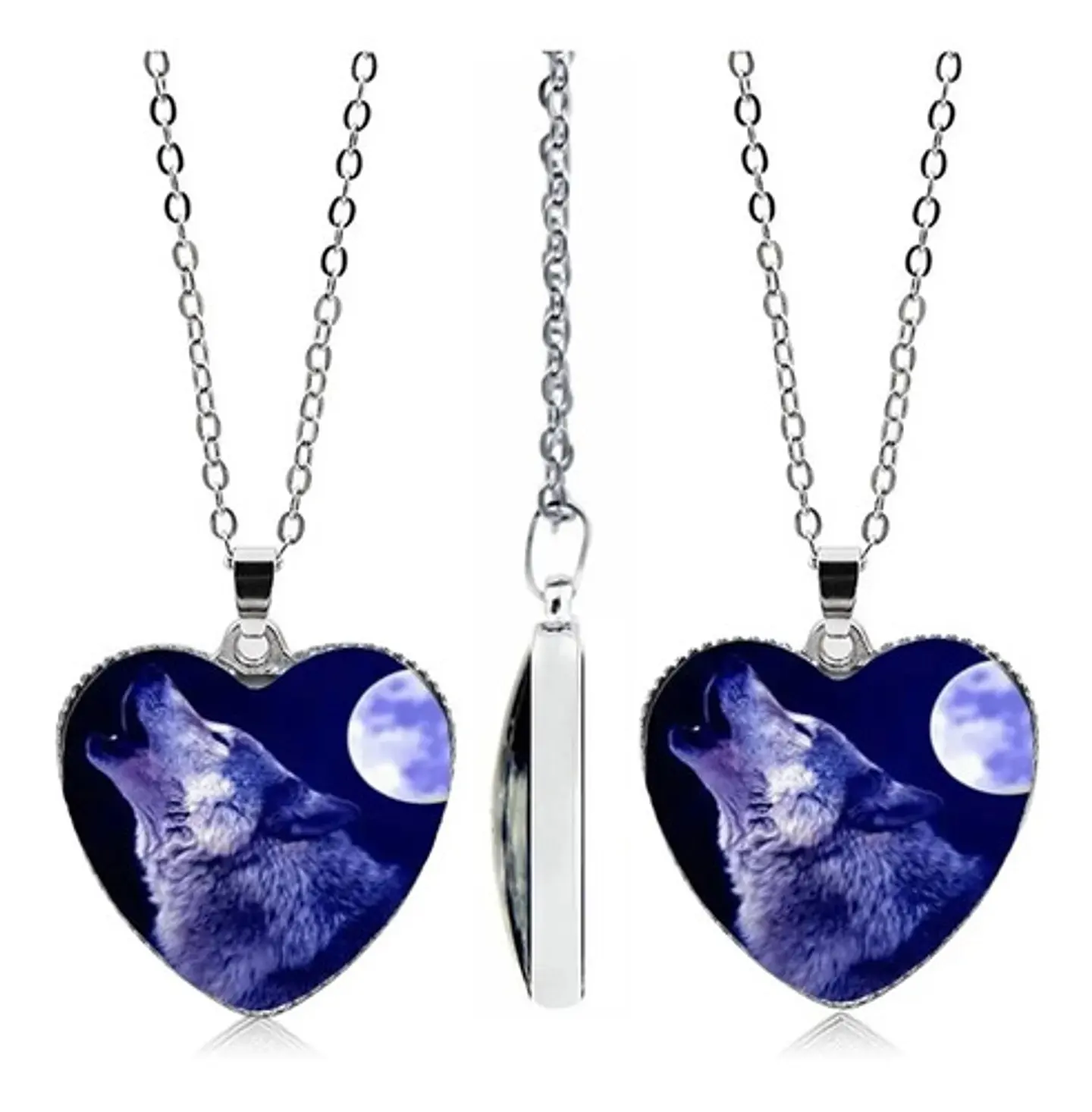 Collar Dije Cristal Corazón Galaxia Lobo Color Plata Mujer 19