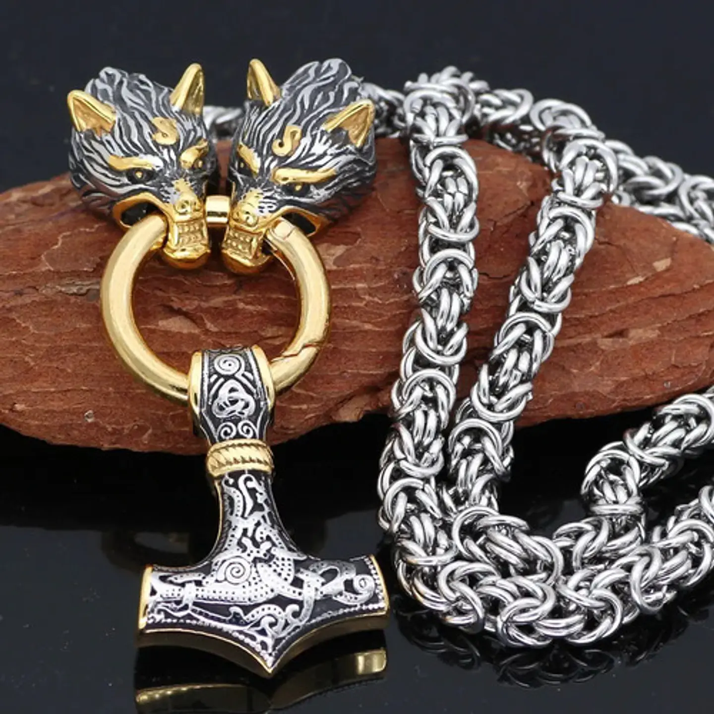 Collar Martillo Thor Mjolnir Lobo Acero Inoxidable Hombre 8