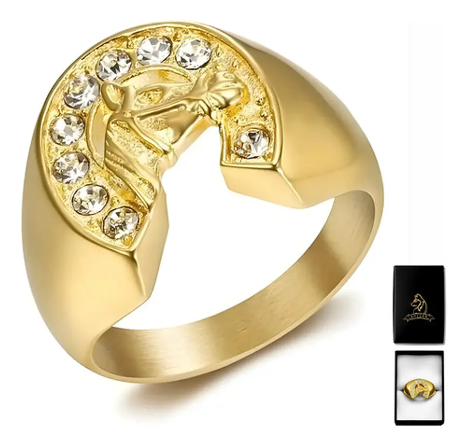 Anillo Para Hombre Color Oro De Acero Caballo Piedras Cz 1