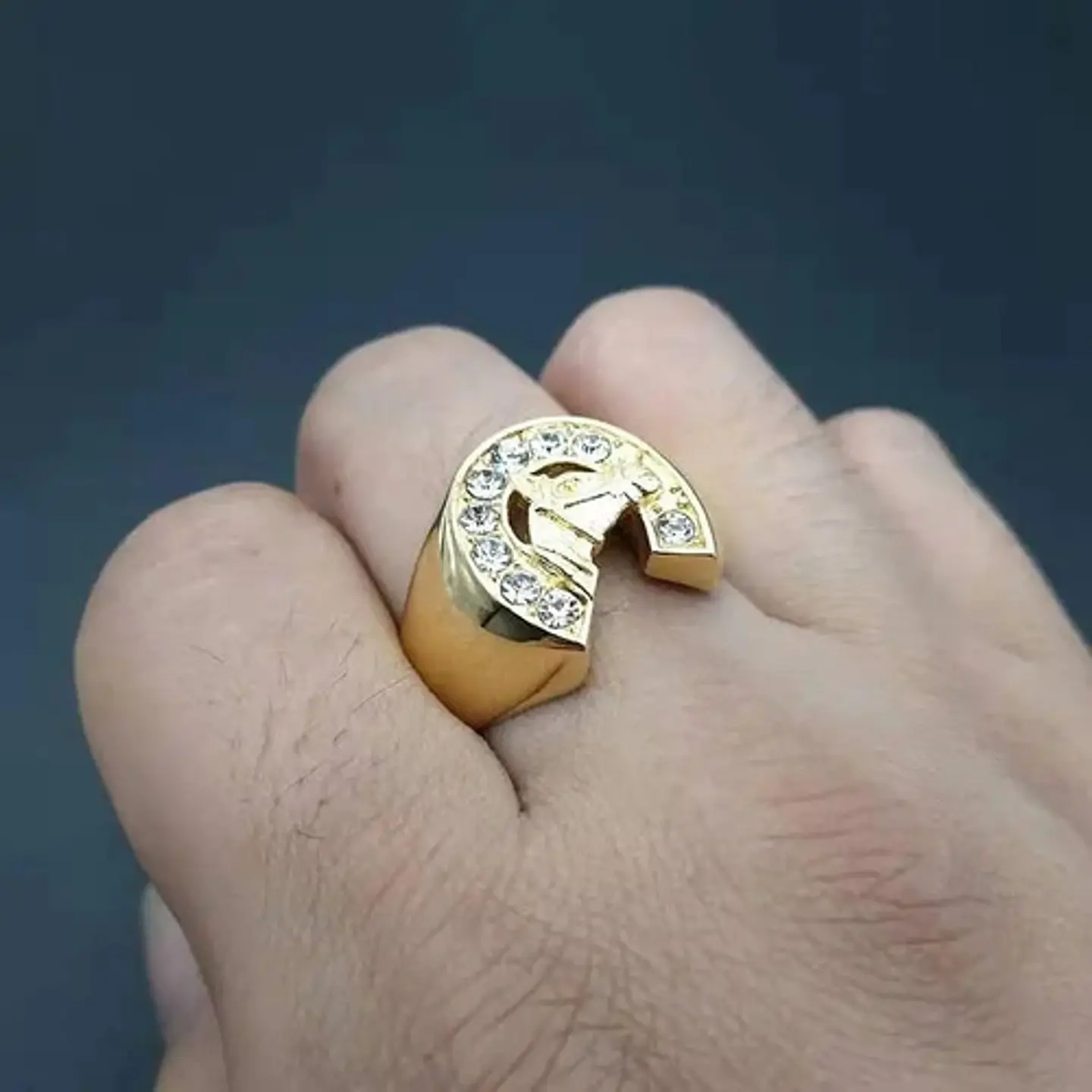 Anillo Para Hombre Color Oro De Acero Caballo Piedras Cz 7
