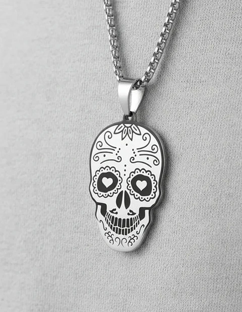 Collar Para Hombre Mujer Con Dije Cráneo Catrina Color Plata