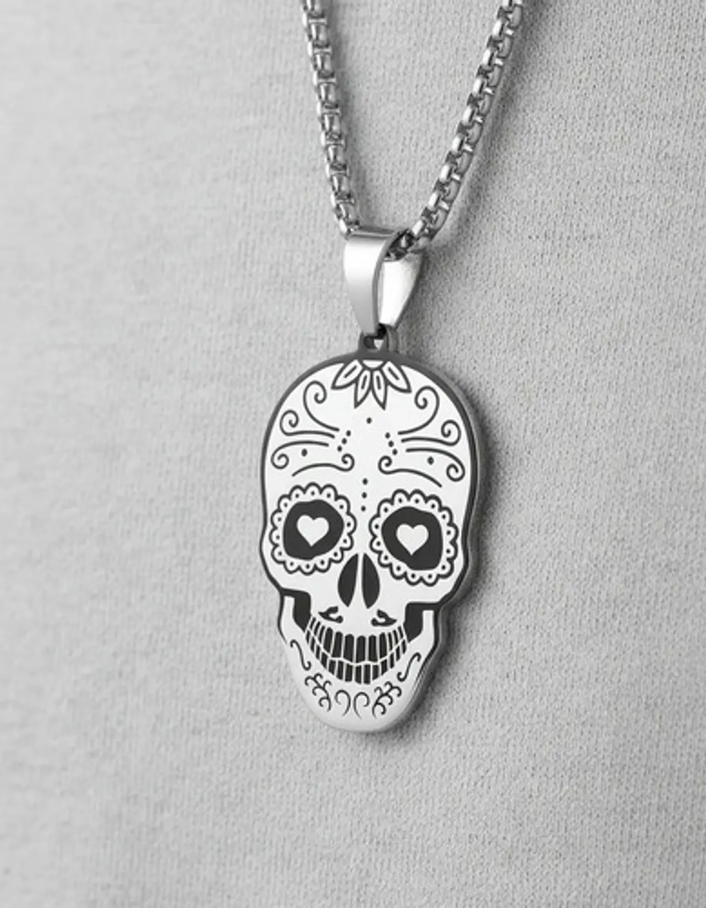 Collar Para Hombre Mujer Con Dije Cráneo Catrina Color Plata 2