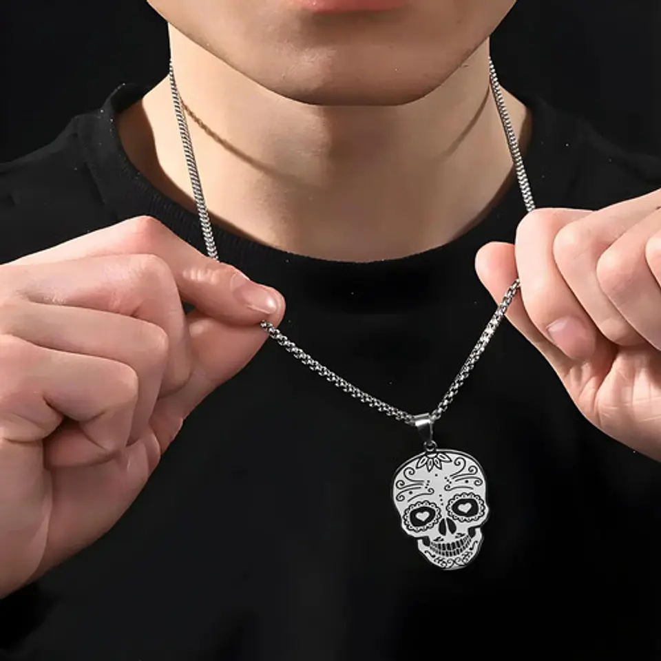Collar Para Hombre Mujer Con Dije Cráneo Catrina Color Plata 9