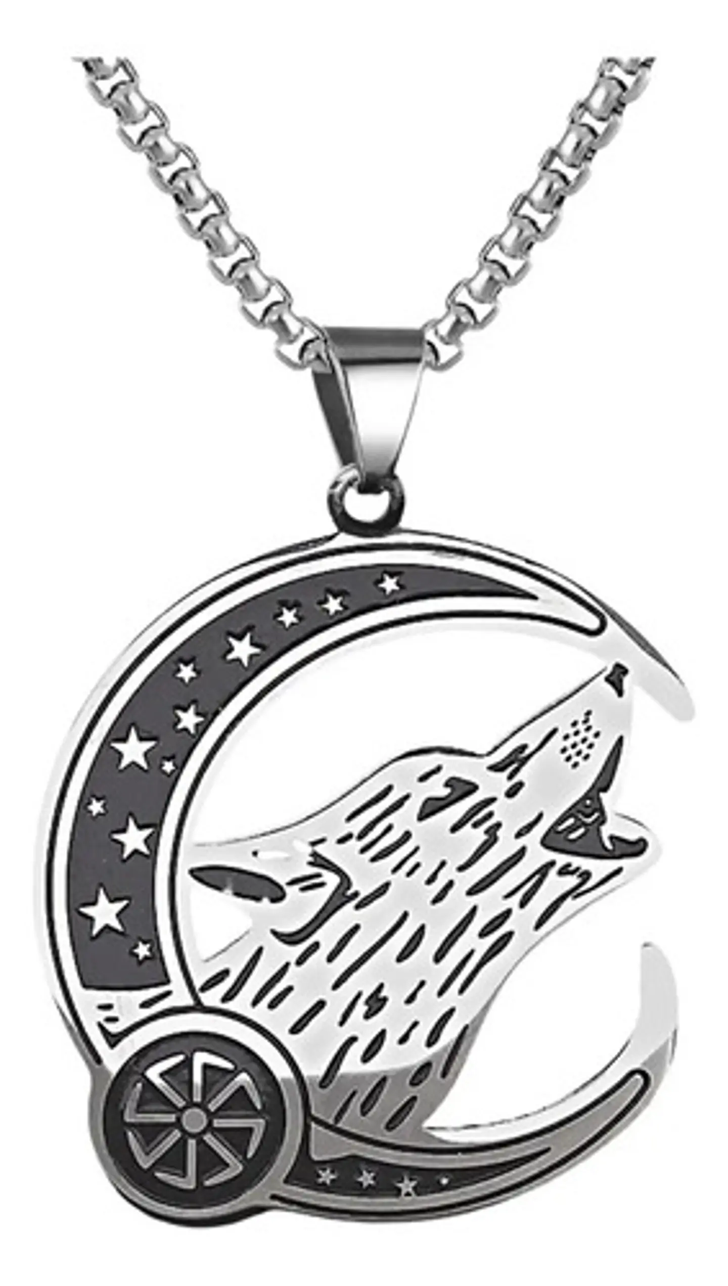 Collar Acero Inoxidable Color Plata Lobo Luna Vikingo Hombre 1