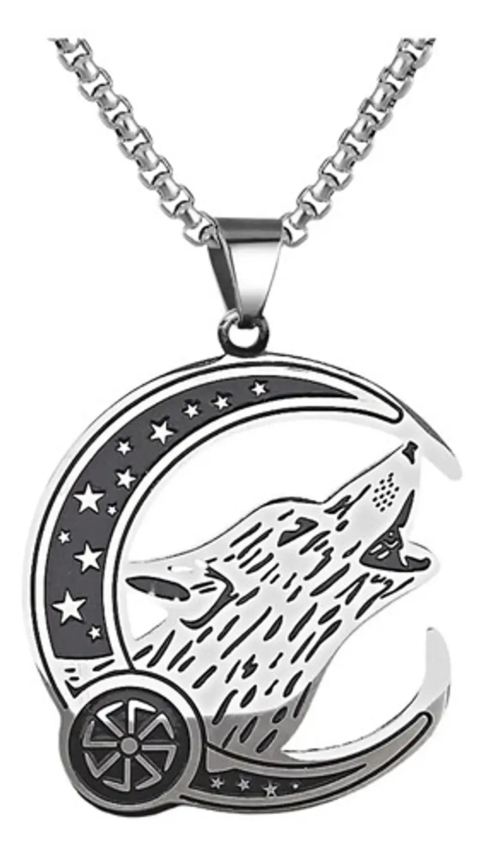 Collar Acero Inoxidable Color Plata Lobo Luna Vikingo Hombre 1