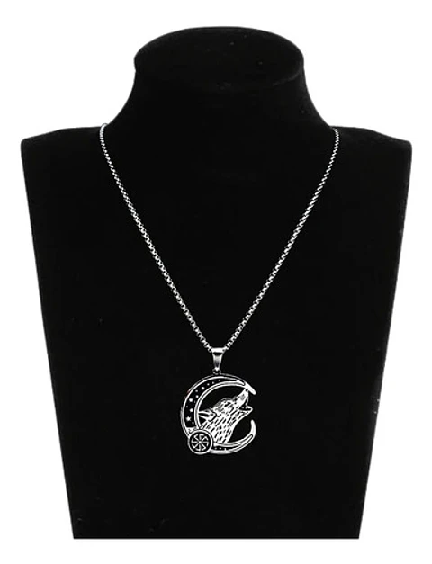 Collar Acero Inoxidable Color Plata Lobo Luna Vikingo Hombre