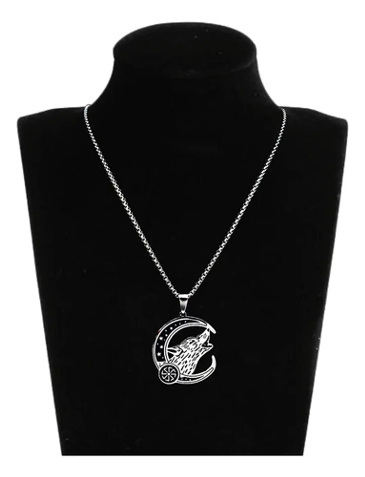 Collar Acero Inoxidable Color Plata Lobo Luna Vikingo Hombre 2