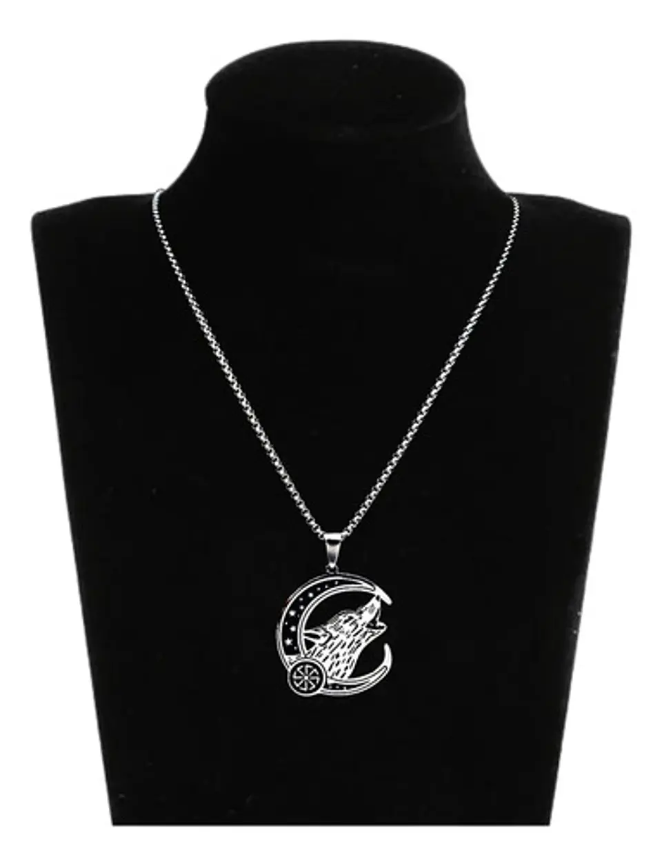 Collar Acero Inoxidable Color Plata Lobo Luna Vikingo Hombre 2